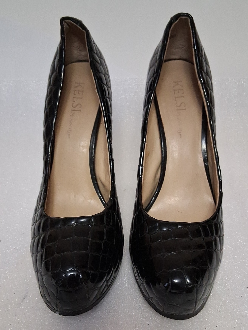 Kelsi Dagger Black Croc-Embossed Patent Leather Pumps